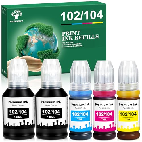 GREENSKY 102 104 Inchiostro a Coloranti - Flaconi compatibili con Epson 102 e 104 Multipack per Epson EcoTank ET-2850, ET-2851, ET-2710, ET-2720, ET-2830, ET-2870, ET-3850, ET-4800, ET-4850 (5 Pack)