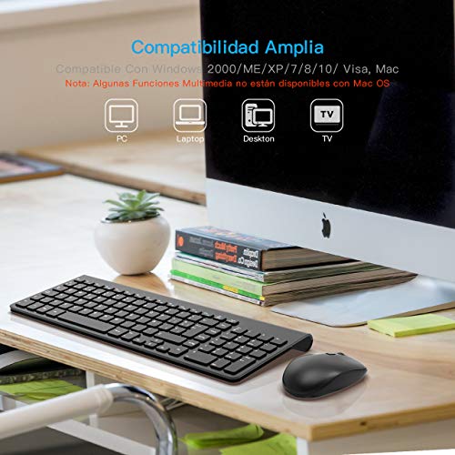 WisFox Packs de Teclado y Ratón Inalámbrico, 2.4GHz Slim Combo de Teclado y Ratón Inalámbrico Avanzado Tamaño Completo con Receptor USB Nano para Computadora Portátil, PC, QWERTY Español