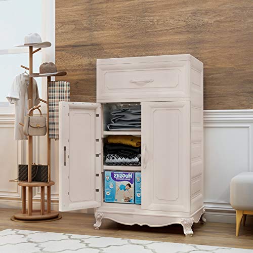 Nafenai Plastic Wardrobe Closet with Door and Drawer,Small Armoire for Kids Clothes/Toys with Hanging Rod,Baby Wardrobe Organizer for Bedroom,Play Room,Nursery Storage Dresser,Ivory White