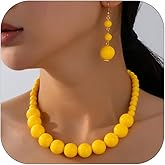 Colorful Beaded Necklace Earrings Set for Women Retro Chunky Big Round Bead Resin Choker Necklace Dainty Acrylic Multicolor Beads Pendant Earrings Fashion Festival Party Jewelry Accessories for Women