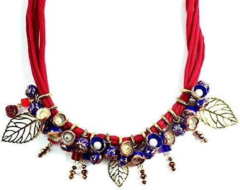 Boho statement bib lightweight polymer clay red necklace with navy blue flowers and golden leaves leaf Christmas gift for her teen girl colorful women party jewelry