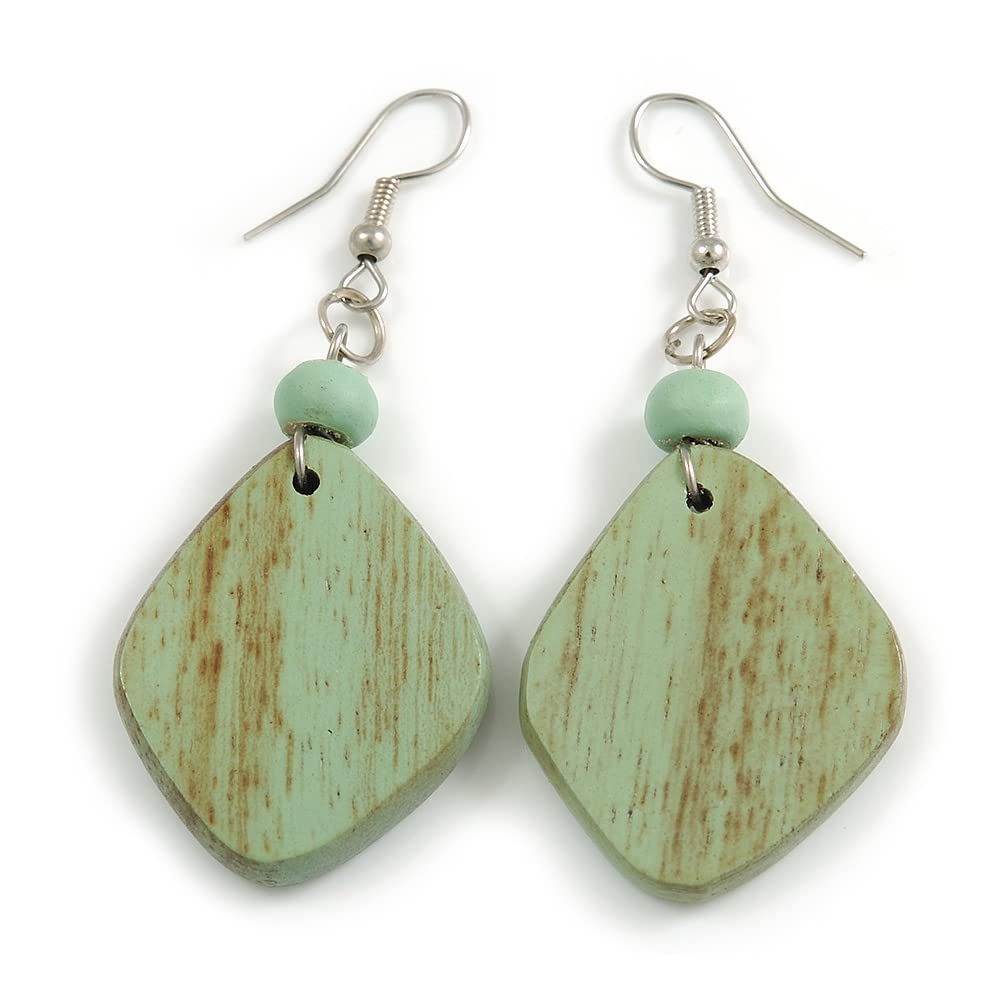 Diamond Shape Mint Washed Wood Drop Earrings - 60mm L