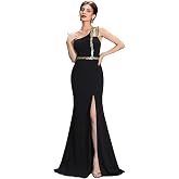 MIMIFINA Women's One Shoulder Formal Evening Gown with Sequin Accents High Slit Mermaid Maxi Dress for Prom Events Wedding