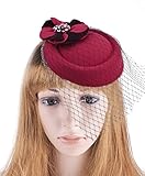 British Style Cocktail Party Wedding Flower Fascinator Veil Wool Pillbox Hat for Women (Red)