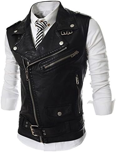 Men's Sleeveless Motorcycle Jacket Vest Faux Leather Waistcoat (US S/Label XL, Black)