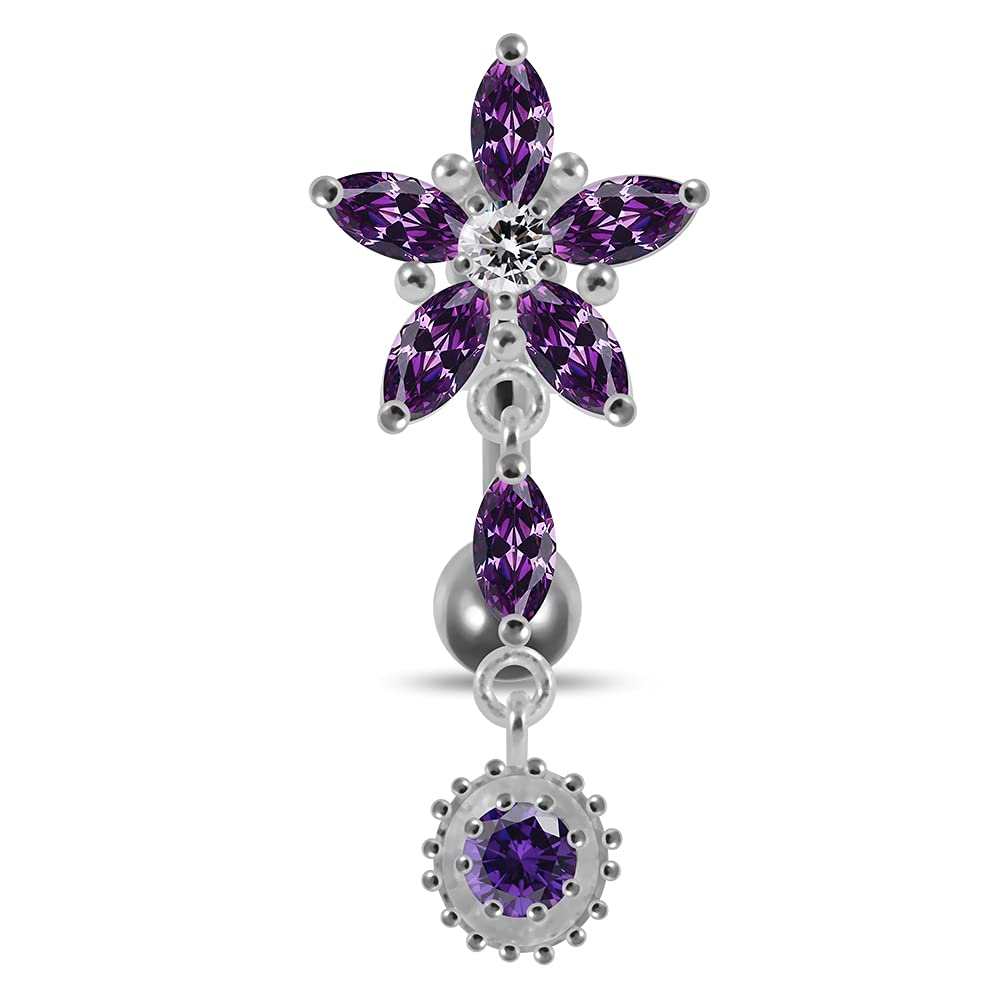 AZARIO LONDON Purple Crystal Stone Trendy Flower Design Sterling Silver Belly Bars Piercing
