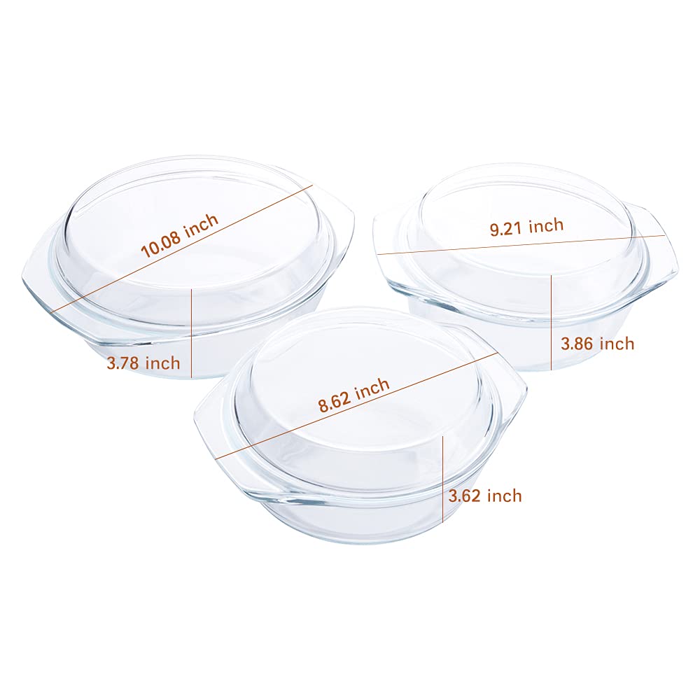 Set of 6 Pieces Round Tempered Glass Casserole Dish with Lids, Glass Casserole Baking Dish Set for Oven, Freezer and Dishwasher Safe - 1QT+1.5QT+1.8QT