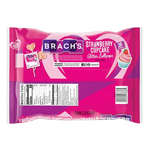 BRACH’S VALENTINE’S DAY STRAWBERRY CUPCAKE GLITTER LOLLIPOP CANDY, FRIENDSHIP EXCHANGE, 36 CT BAG