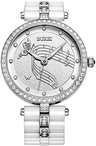 BUREI Women's Dress Elegant Watch Wirstwatch with Silver Diamond Crystals Case and White Ceramic Bracelet(white dial)