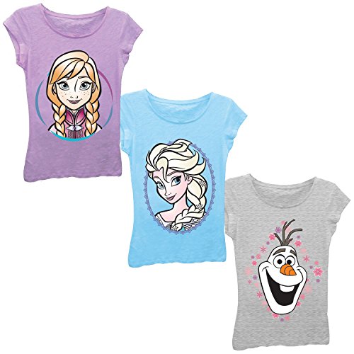 Disney Little Girls' Frozen Elsa, Anna, Olaf 3-Pack T-Shirt, Lilac/Light Blue/Heather Grey, L-6X