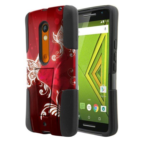 Motorola Moto X Play XT1562 Droid MAXX 2 XT1565 Case, Fincibo (TM) Hybrid Dual Layer Protector Cover Gel Silicone With Y Stand Kickstand, Butterflies On Red Light Background