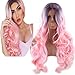 ATOZWIG Natural Fashion Long Dark Roots Ombre Light Pink Body Wave Heat Resistant Synthetic Wigs For Women Two Tone