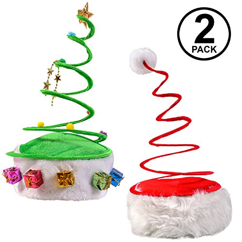 Funny Party Hats Christmas Hats - Red Coil Santa Hat - Green Coil Christmas Tree Hat - Springy Christmas Hat - (2 Pack)