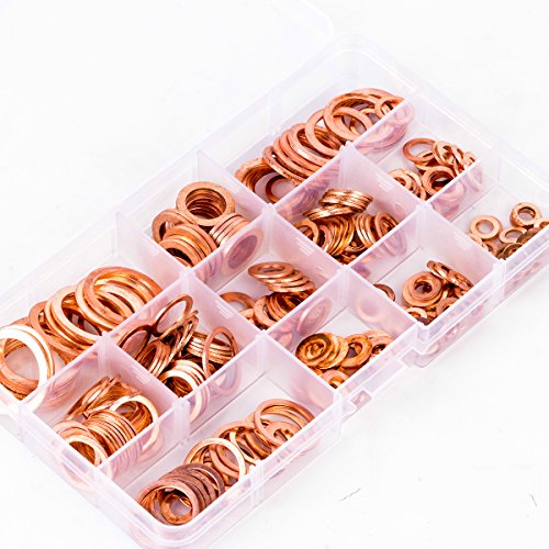Migiwata Metric Round Solid Flat Copper Washer Ring Sump Plug Oil Seal Assorted Set of 280PCS in 12 Sizes M5-M20 with Reusable Plastic Case for Automotive and Small Engine Repairs