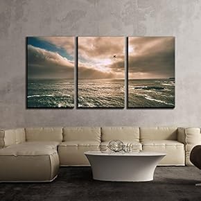 3 Piece Canvas Wall Art - Beautiful Scenery with a Bird Flying Over Sea - Modern Home Art Stretched and Framed Ready to Hang - 16"x24"x3 Panels