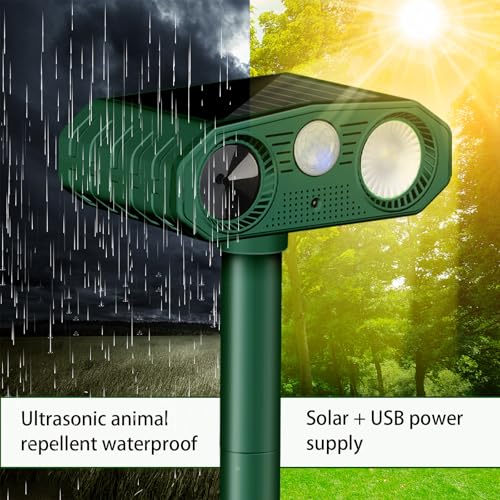 Répulsif Chat Ultrason, 3 Modes Repulsif Chat Solaire & Solaire et USB Répulsif Animaux, IP54 Étanche Repulsif Chat Exterieur avec Détecteur et Flash pour Chats Chiens Souris Ratons Animaux de Jardin