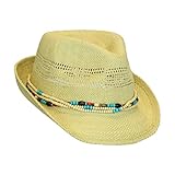 Bohemian Summer Straw Fedora Sun Hat w/ Wood Bead Trim