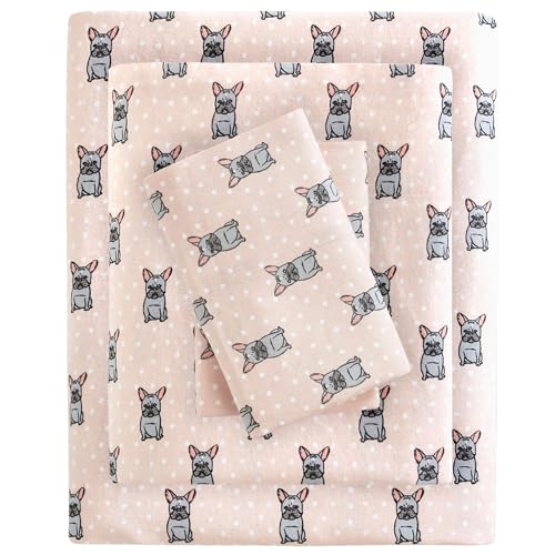 True North by Sleep Philosophy Gezellig Flanel 100% Katoen Ultra Zacht Koud Weer Blad Set Bedding, Tweeling, Roze Franse Bulldog 3 Stuk
