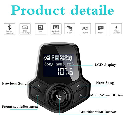 Bluetooth FM Transmitter Car, VIKASI Wireless in-Car Radio Transmitter Adapter Car Kit QC3.0 USB Car Charger, Car MP3 Music Player Support TF Card USB Flash Drive (Black)