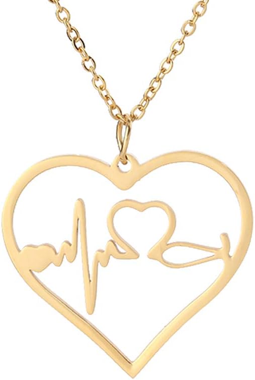 HOULIFE Classic Hollow Love Heart Heartbeat Cardiogram Pendant Necklace 316L Stainless Steel Simple Jewelry for Men Women Girls Silver Plated, Gold Plated, Rose Gold Plated