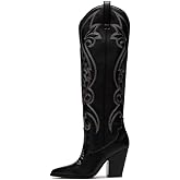 VOMIRA Knee High Cowboy Boots for Women Pointed Toe Chunky High Heels Pull-on Embroidered Boots Western Boots Wide Calf Cowgirl Boots