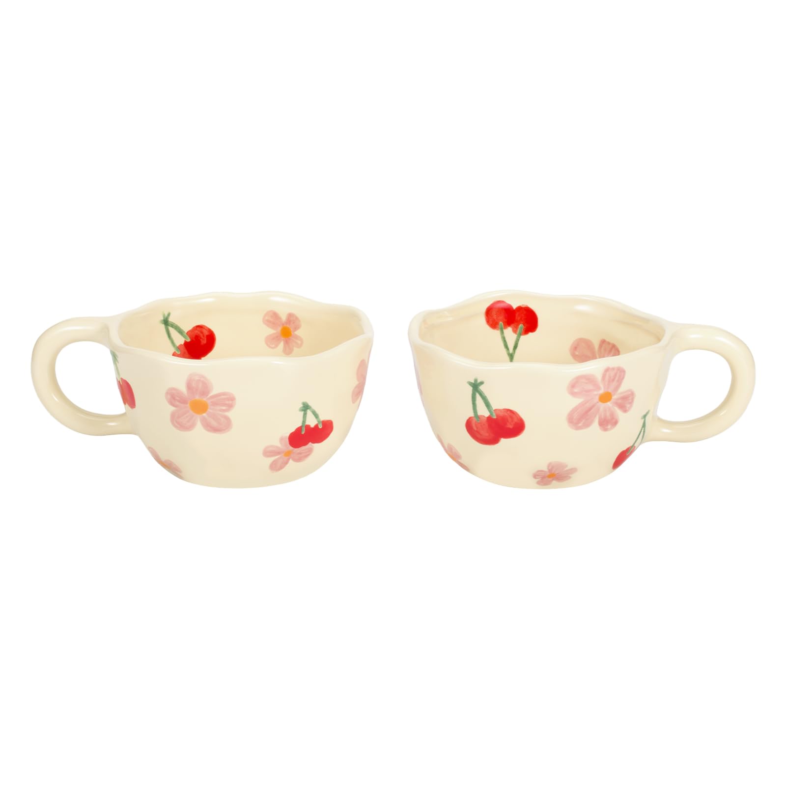 Koythin 2-Pieces Ceramic Coffee Mugs, Creative Cute Flower Cup for Office and Home, 8.5 oz/250 ml Aesthetic Mug for Latte Tea Milk (2 Pink Cherrys)