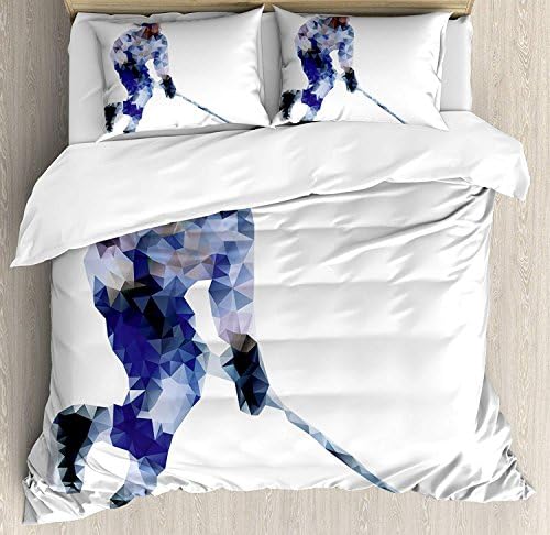 Modern 4 Piece Bedding Set King Size, Hockey Player in Fragmented Triangle Formes Winter Sports Hobby Design, Duvet Cover Set Quilt Bedspread for Childrens/Kids/Teens/Adults, Blue Purplegrey Black