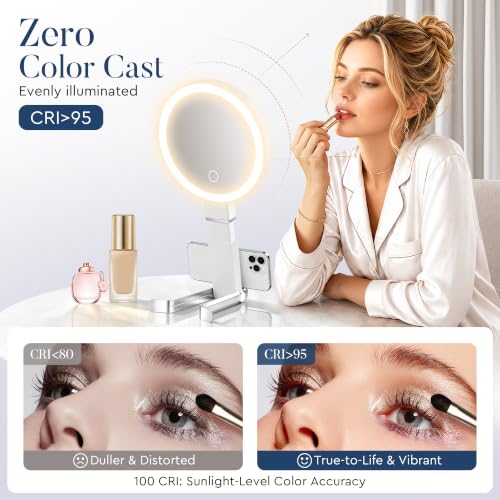 MIYADIVA Illuminated Magnifying Mirror, 1X/30X, Double-Sided Makeup Mirror with Adjustable Stand, Digital Power Display and 3 Dimmable Light Shades, White