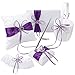 OurWarm 5pcs Wedding Guest Book Set Double Heart Rhinestone Bowknot Ribbon for Rustic Wedding Decorations, Guest Book + Pen set + Flower Basket + Ring Bearer Pillow + Garter White Cover