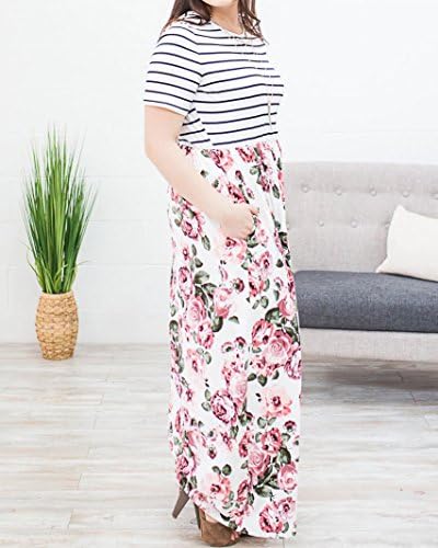 Rotita Women Striped Floral Plus Size Maxi Dress Empire Waist Short Sleeve Long Dresses with Pocket