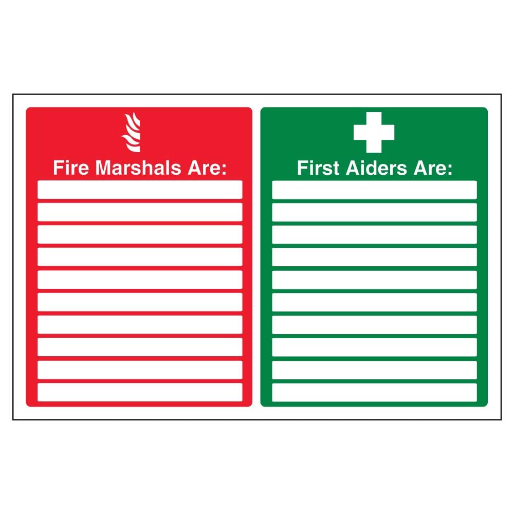 V Safety 13046BA-R Fire Marshals/First Aiders Sign - Landscape - 300mm x 200mm - 1mm Rigid Plastic, Green,Red — image 1