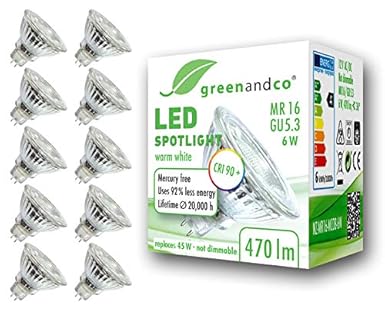 10x greenandco® CRI90+ LED Spot ersetzt 45 Watt GU5.3 MR16 Halogenstrahler, 6W 470 Lumen 3000K warmweiß SMD LED Strahler 36° 