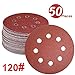 WINGONEER 50PCS Sanding Discs Pads, 5-Inch 8-Hole 120-Grit Hook and Loop Aluminium Oxide Sandpaper for Random Orbital Sander