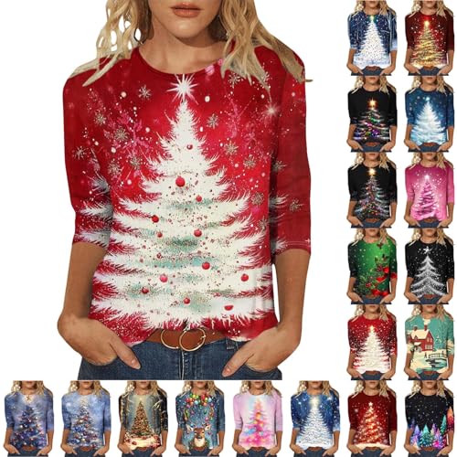 tacniseyw Christmas Jumpers For Women Uk Plus Size Xmas Tree Print Sweatshirt Ladies Christmas Sweatshirts 3/4 Long Sleeve Crew Neck Funny Shirts Ugly Shirts Oversized Pullover Novelty Graphic Tops