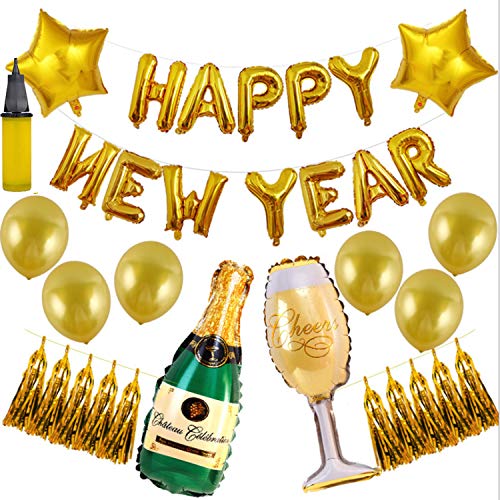 Omaky New Year Balloons Kit Decorations Happy New Year Eve Festival Celebrations Party Supplies, Champagne Bottle and Goblet Hydrogen Balloons Banner Tassel Latex Balloon with Air Pump