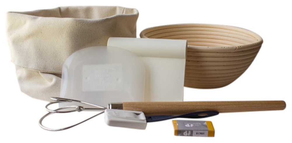 7 piece Bread Baking Set: Boulange Lame, Blades, Dough Cutter, Scraper, Banneton, Dough Whisk, Cotton Bread Bag