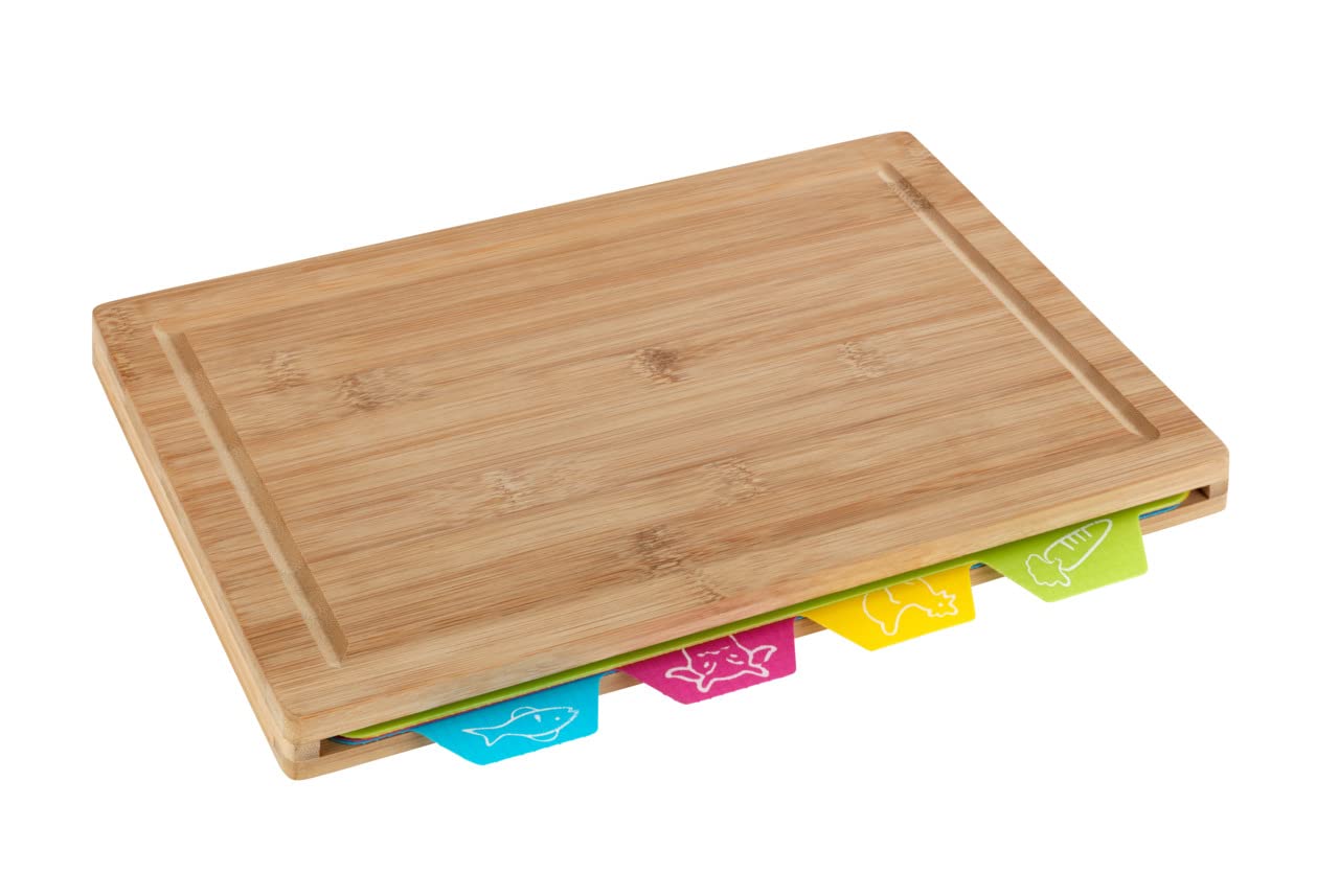 WENKO Bella Chopping Board, Kitchen Board, Chopping Board with Juice Groove and 4 Individually Removable Cutting Mats, Bamboo, 32.5 x 2.3 x 22.5 cm, Brown