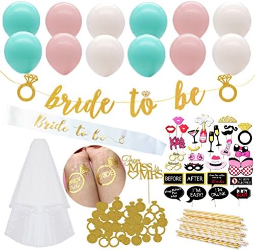 Bachelorette Party Bride to Be Decorations Kit - 1 Gold Glitter Banner, 30 Photo Booth Props, 1Sash, 1 Veil, 12 Bride Tribe Tattoos &amp; More, Pack of 183