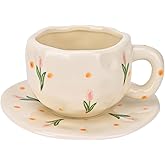 Koythin Ceramic Coffee Mug with Saucer Set, Cute Pink Tulip Flower Cup Unique Irregular Design for Office and Home, 10 oz/300 ml for Latte Tea Milk