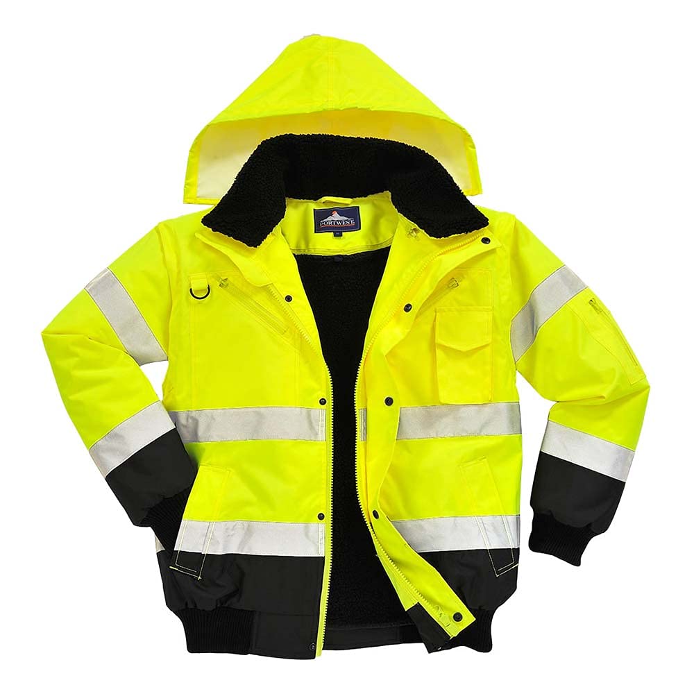 Portwest C465 Hi-Vis 3-in-1 Waterproof Contrast Hooded Bomber Jacket with Pockets - Reflective Outdoor Safety Security Workwear Coat, Yellow/Black, L