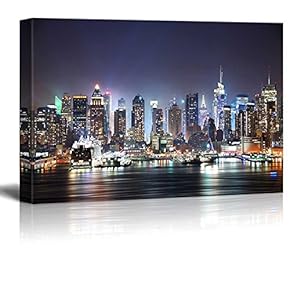 New York City Manhattan Skyline Panorama at Night Over Hudson