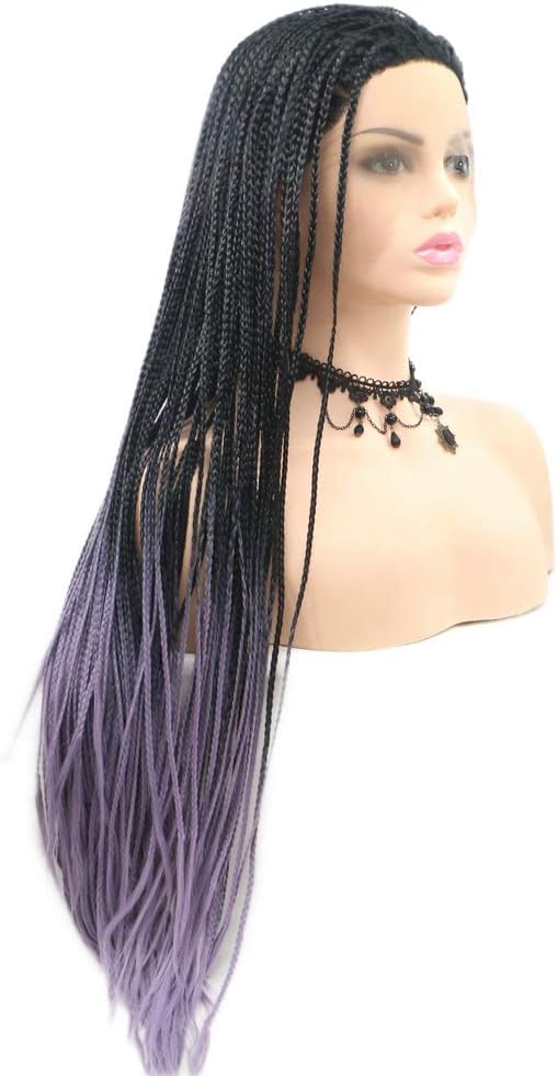 26inches Long Box Braids Wig Black Roots Ombre Purple Wig Synthetic Lace Front Wigs Braided Wig Natural Hairline Lilac Lavender Wig for Women Girls Free Part - Image 3