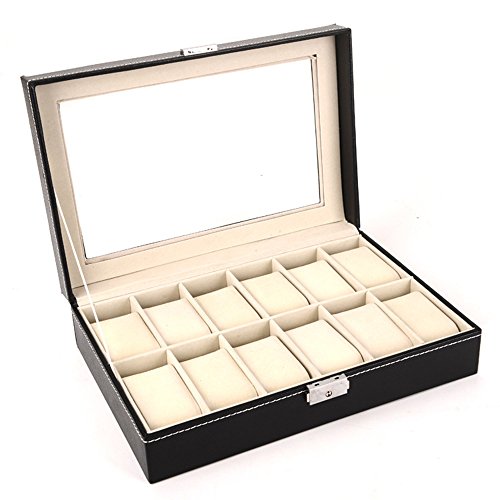 Watch Case Storage Box, Watch Display Box Organizer, 12 Slots PU Leather with Clear Glass Top BIMANGO