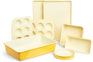 Larder & Vine Bakeware Set - PFAS/PFOA/PTFE Free, Heavy Duty Aluminized Steel with Ceramic Finish, Includes Sheet Pans, Loaf Pan, Muffin Tins, Round Pan, Square Pan, Roasting Pan (Limoncello)