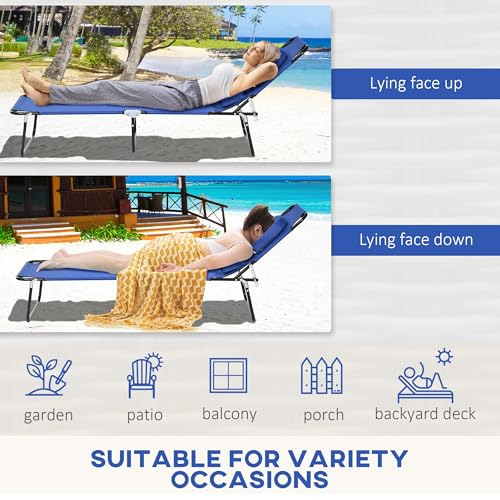 Outsunny Folding Outdoor Lounge Chair Set of 2, Adjustable Patio Chaise Lounge with Face Hole, Reclining Tanning Chair, Folding Camping Beach Lounging Bed w/Head Support, Blue