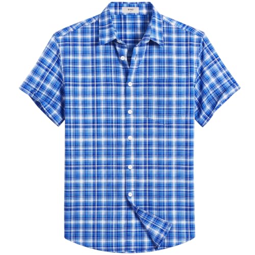 KYKU Mens Plaid Button Down Shirt Short Sleeve Business Casual Dress Shirts for Men with Pocket Blue White XL at Amazon