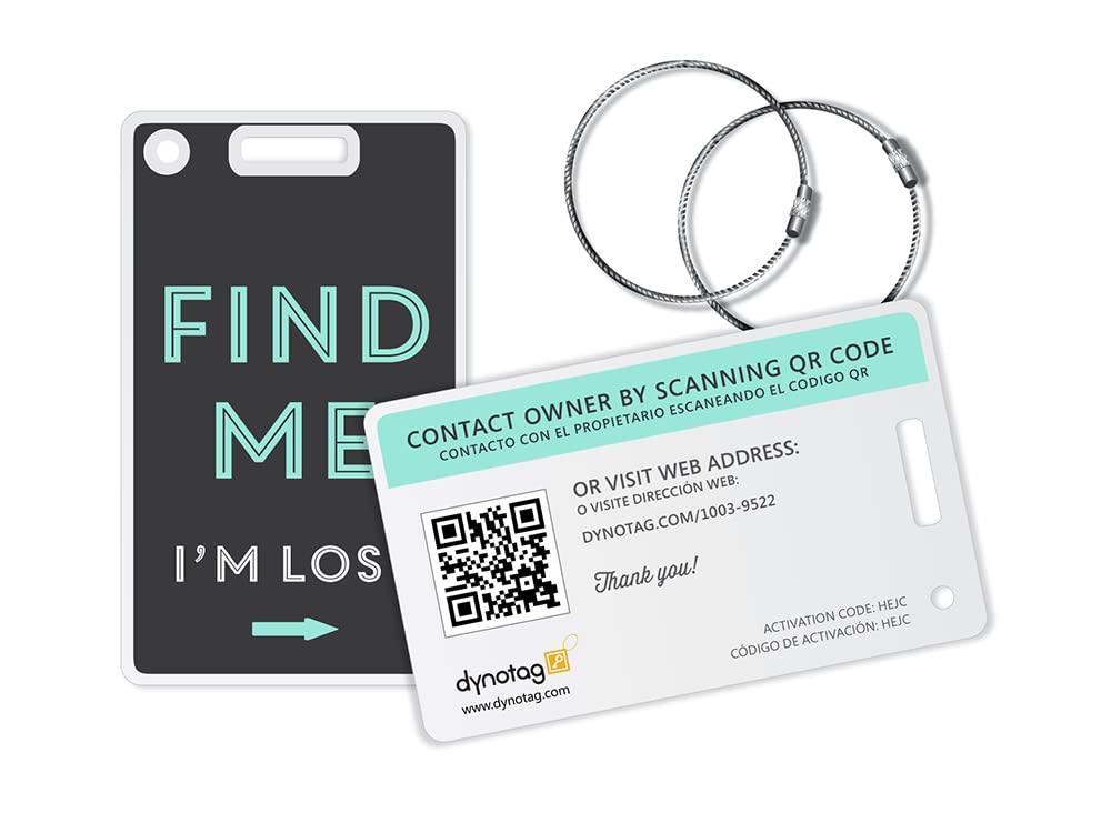 Dynotag® Web Enabled, Ready to use QR Smart Fashion Luggage Tags - 2 Identical Tags+Chains (Find Me!)