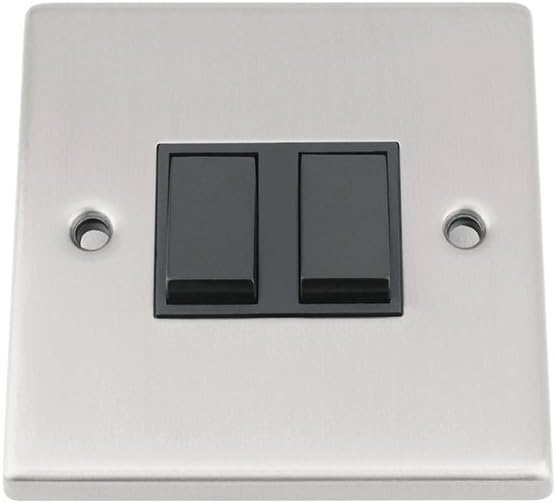 Light Switch 2 Gang - Satin Matt Chrome - Square - Black Insert Plastic Switch - 10 Amp Double 2 Gang 2 Way