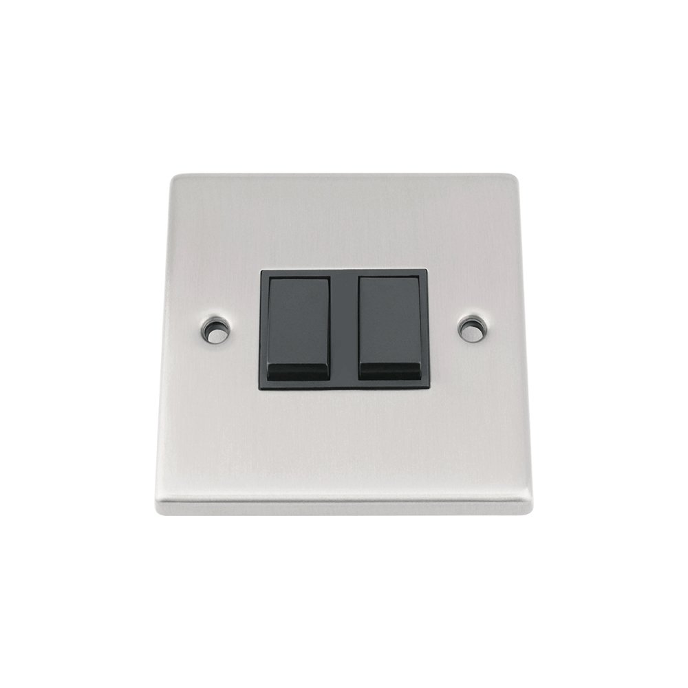 Light Switch 2 Gang - Satin Matt Chrome - Square - Black Insert Plastic Switch - 10 Amp Double 2 Gang 2 Way
