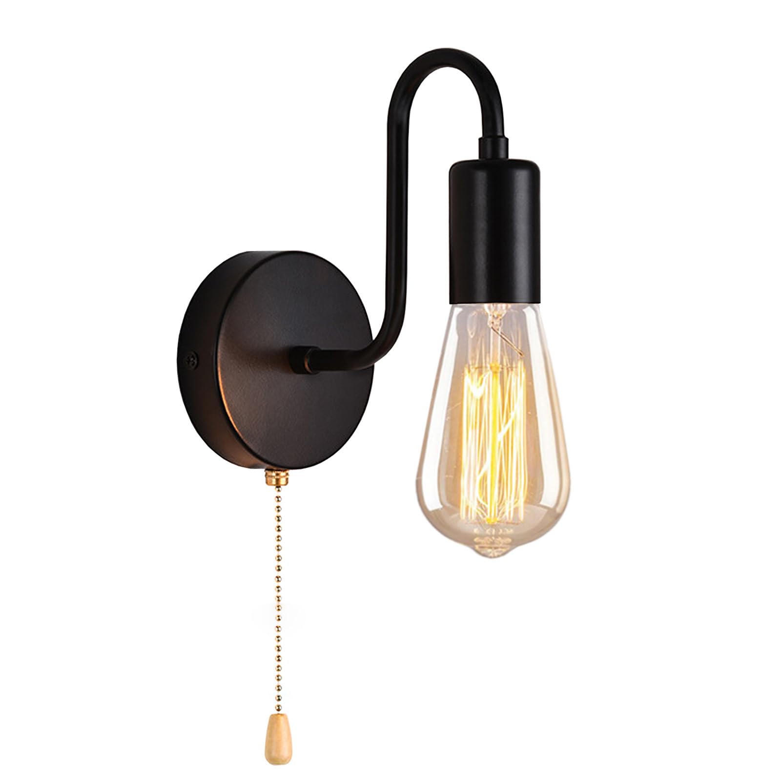 Industrial Vintage Indoor Wall Light with Switch, E27 Metal Retro Lamp with Pull Cord Switch, Black Plug in Sconce Lighting for Loft, Living Room, Bedroom, Cafe Wall Wash Light Fixture